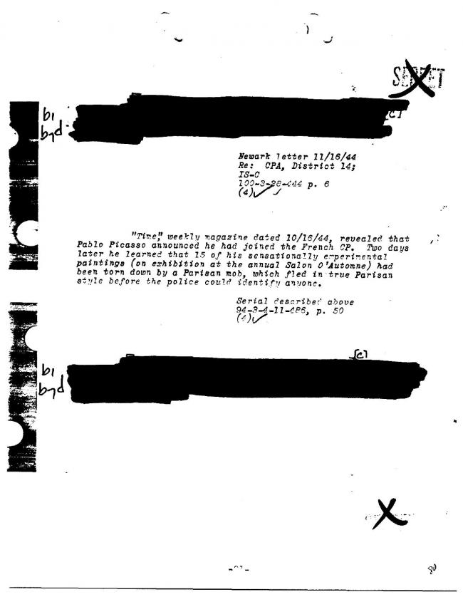 Ficha sobre Pablo Picasso del FBI, ca. 1945-1969 