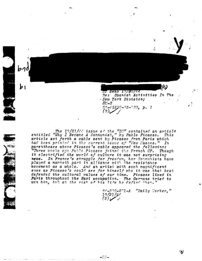 Ficha sobre Pablo Picasso del FBI, ca. 1945-1969 