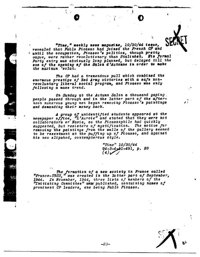 Ficha sobre Pablo Picasso del FBI, ca. 1945-1969 