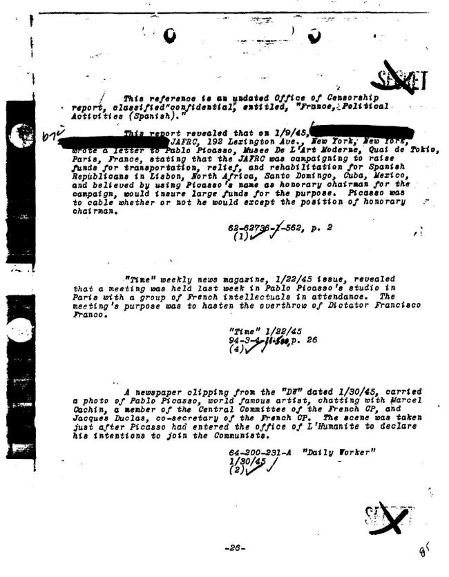 Ficha sobre Pablo Picasso del FBI, ca. 1945-1969 