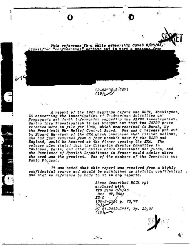 Ficha sobre Pablo Picasso del FBI, ca. 1945-1969 
