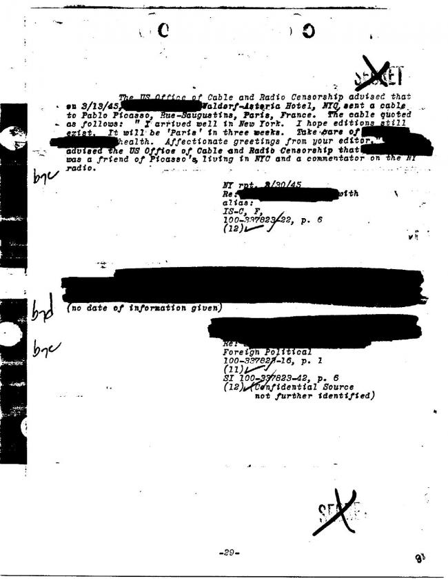 Ficha sobre Pablo Picasso del FBI, ca. 1945-1969 