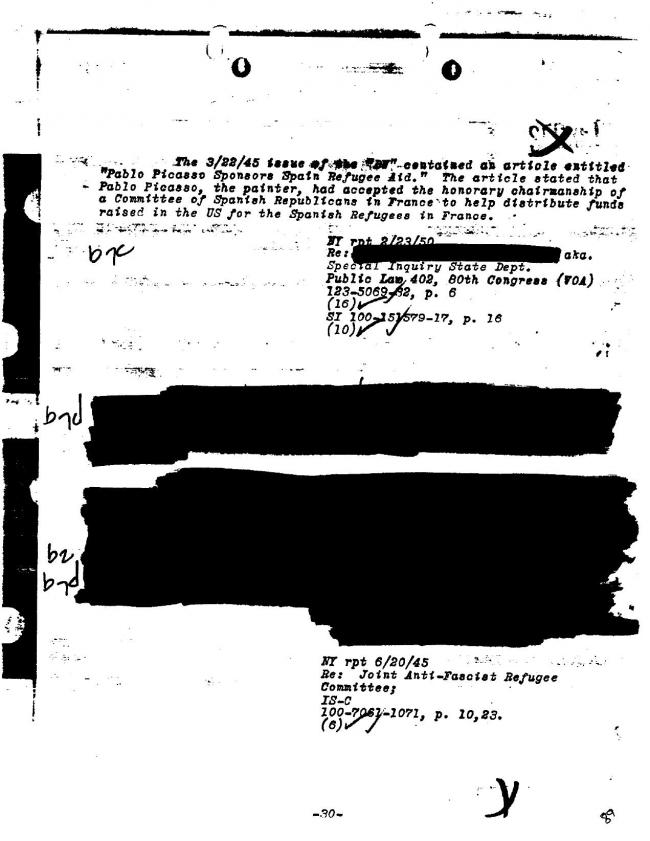 Ficha sobre Pablo Picasso del FBI, ca. 1945-1969 