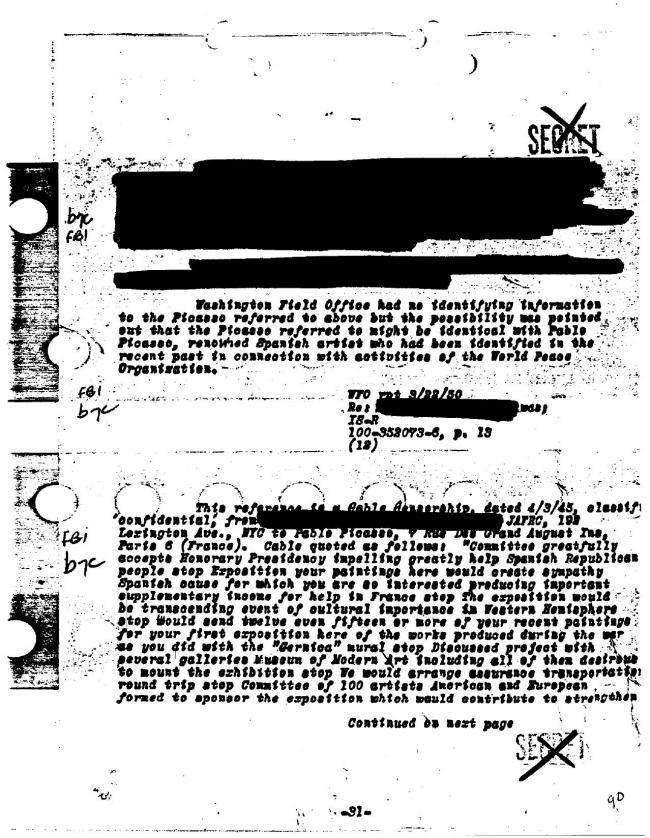 Ficha sobre Pablo Picasso del FBI, ca. 1945-1969 