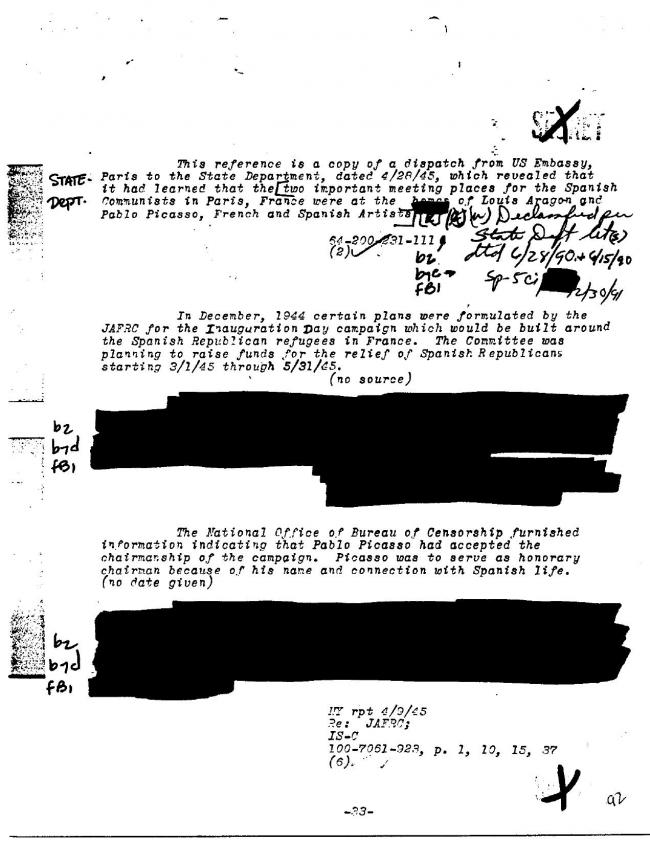 Ficha sobre Pablo Picasso del FBI, ca. 1945-1969 