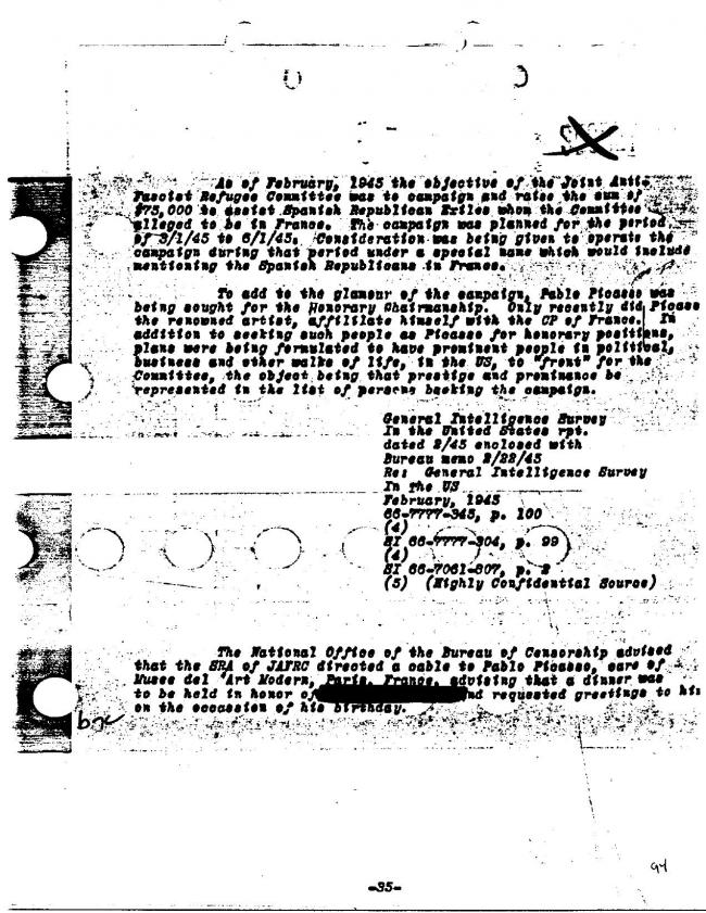 Ficha sobre Pablo Picasso del FBI, ca. 1945-1969 