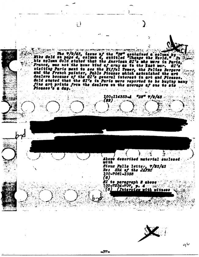 Ficha sobre Pablo Picasso del FBI, ca. 1945-1969 