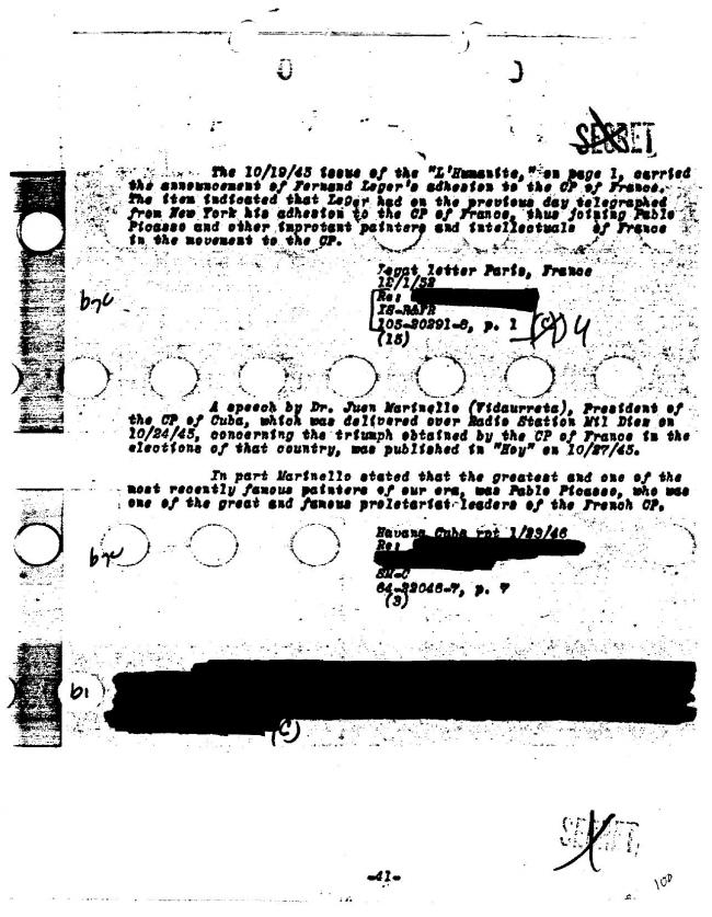 Ficha sobre Pablo Picasso del FBI, ca. 1945-1969 