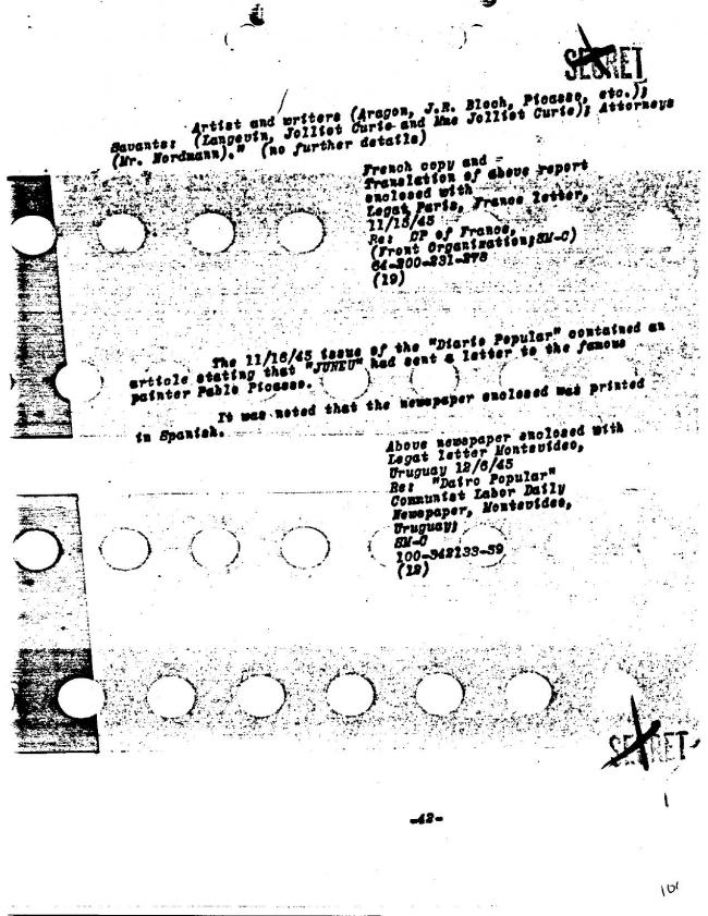 Ficha sobre Pablo Picasso del FBI, ca. 1945-1969 