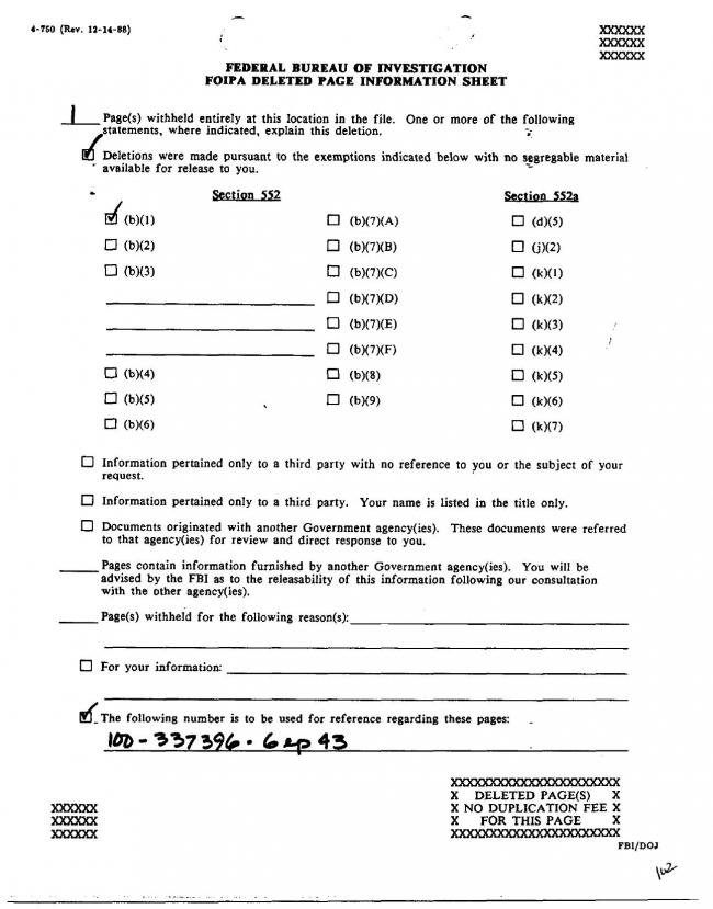 Ficha sobre Pablo Picasso del FBI, ca. 1945-1969 