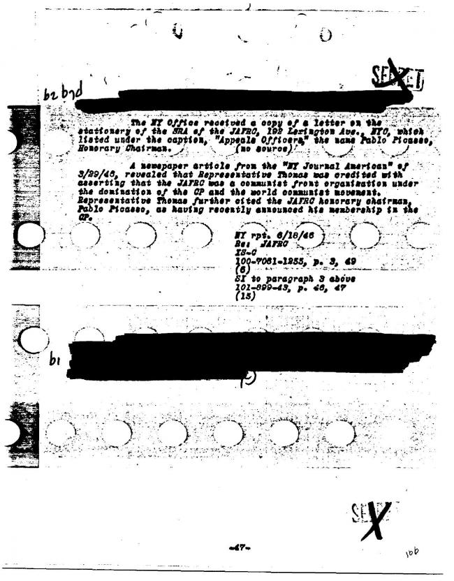 Ficha sobre Pablo Picasso del FBI, ca. 1945-1969 