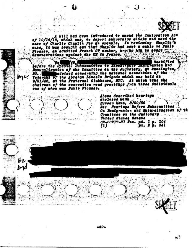 Ficha sobre Pablo Picasso del FBI, ca. 1945-1969 