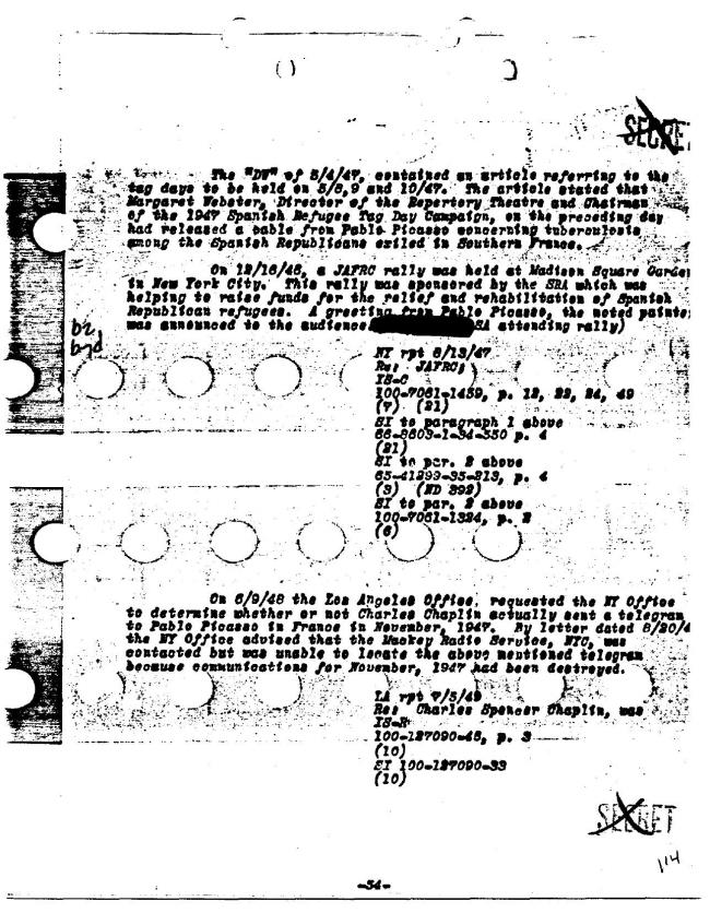 Ficha sobre Pablo Picasso del FBI, ca. 1945-1969 
