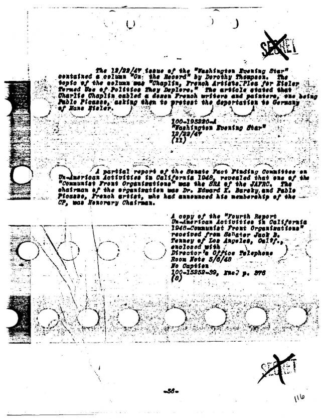 Ficha sobre Pablo Picasso del FBI, ca. 1945-1969 