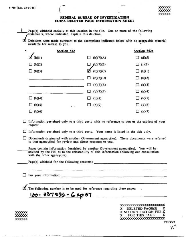 Ficha sobre Pablo Picasso del FBI, ca. 1945-1969 