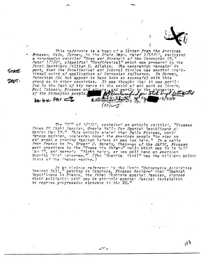 Ficha sobre Pablo Picasso del FBI, ca. 1945-1969 