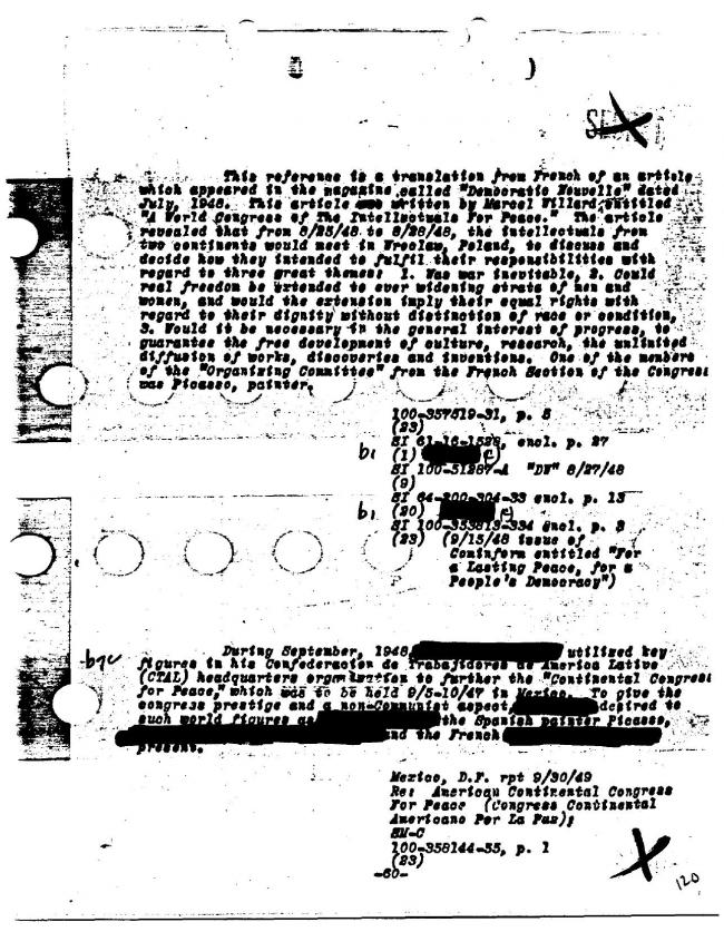 Ficha sobre Pablo Picasso del FBI, ca. 1945-1969 