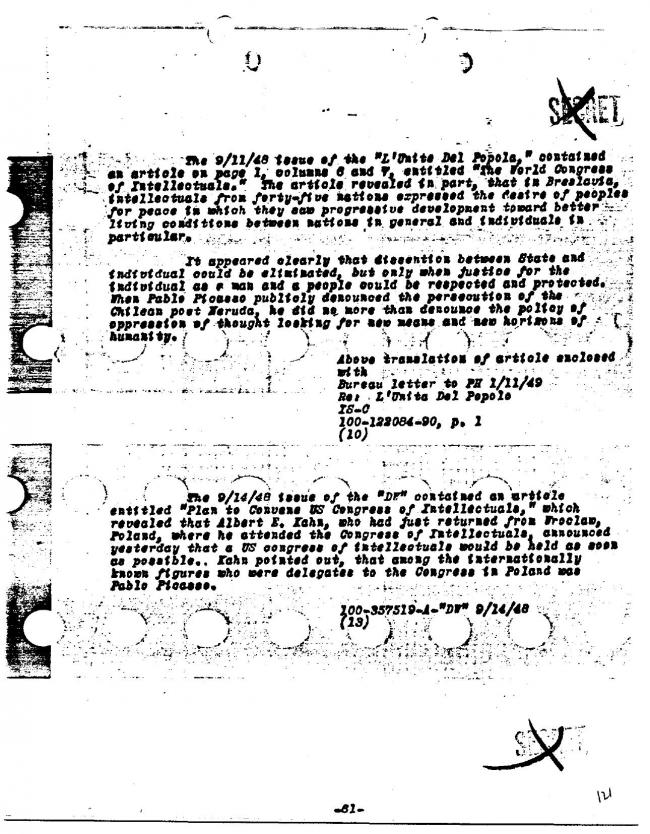 Ficha sobre Pablo Picasso del FBI, ca. 1945-1969 