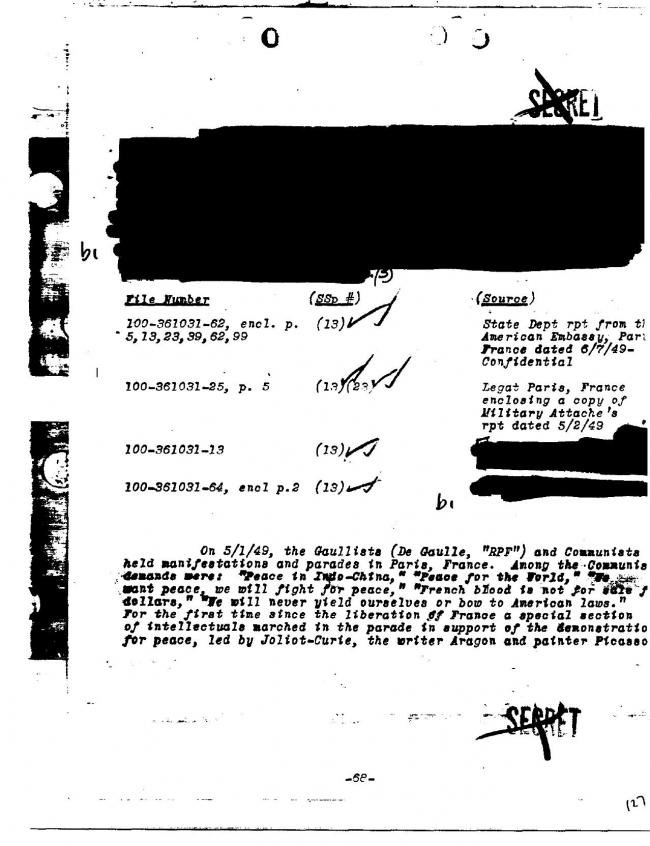 Ficha sobre Pablo Picasso del FBI, ca. 1945-1969 