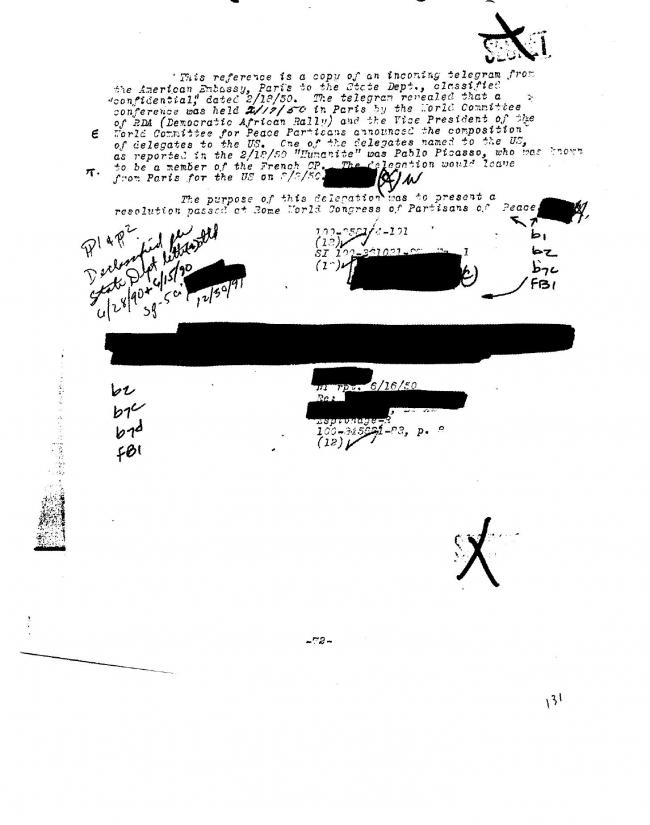 Ficha sobre Pablo Picasso del FBI, ca. 1945-1969 