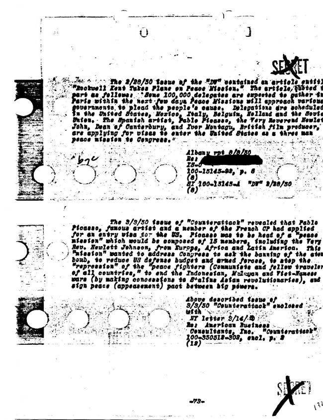 Ficha sobre Pablo Picasso del FBI, ca. 1945-1969 