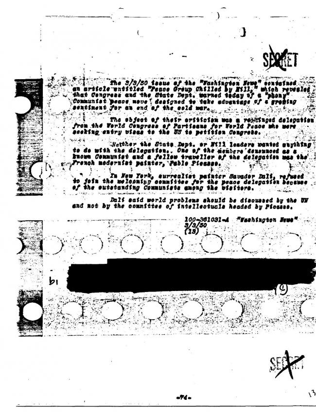 Ficha sobre Pablo Picasso del FBI, ca. 1945-1969 