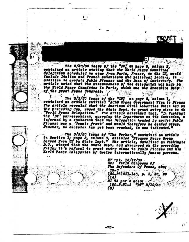 Ficha sobre Pablo Picasso del FBI, ca. 1945-1969 