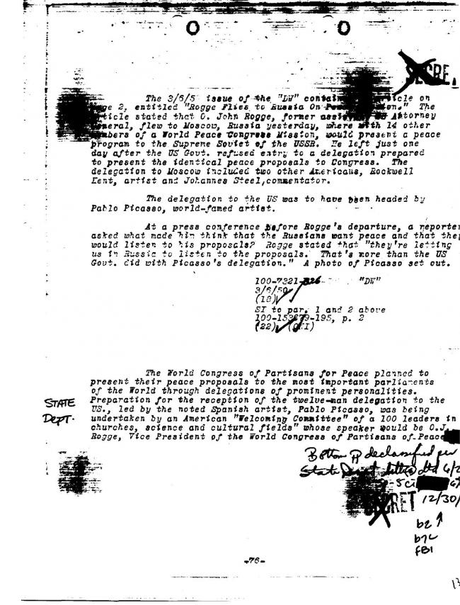 Ficha sobre Pablo Picasso del FBI, ca. 1945-1969 