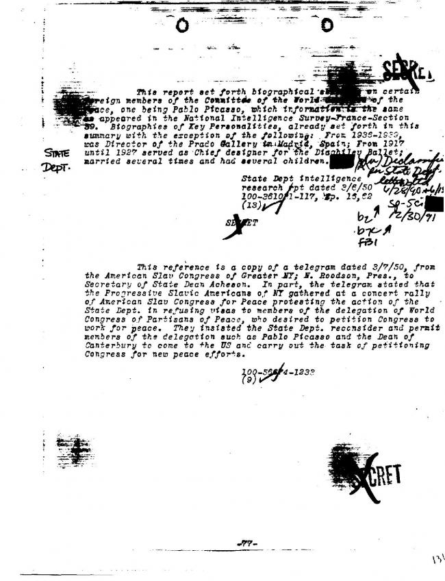 Ficha sobre Pablo Picasso del FBI, ca. 1945-1969 