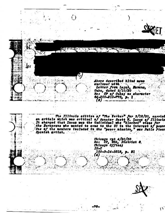 Ficha sobre Pablo Picasso del FBI, ca. 1945-1969 
