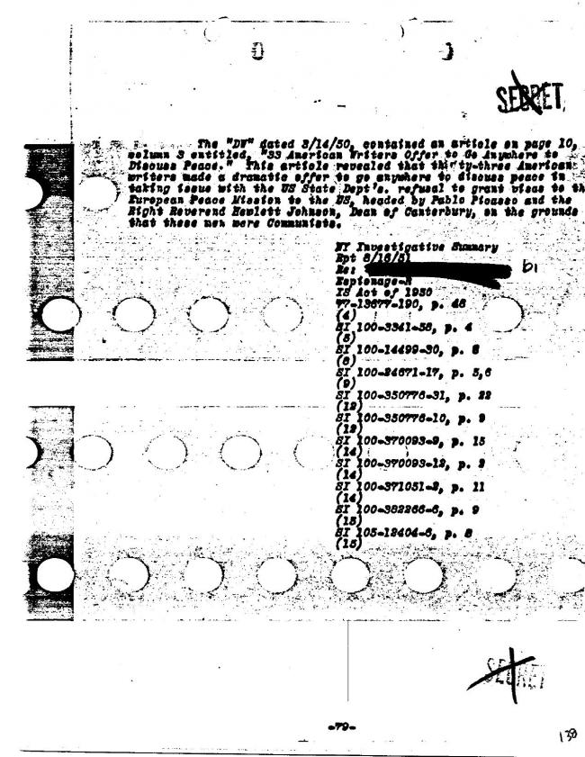 Ficha sobre Pablo Picasso del FBI, ca. 1945-1969 