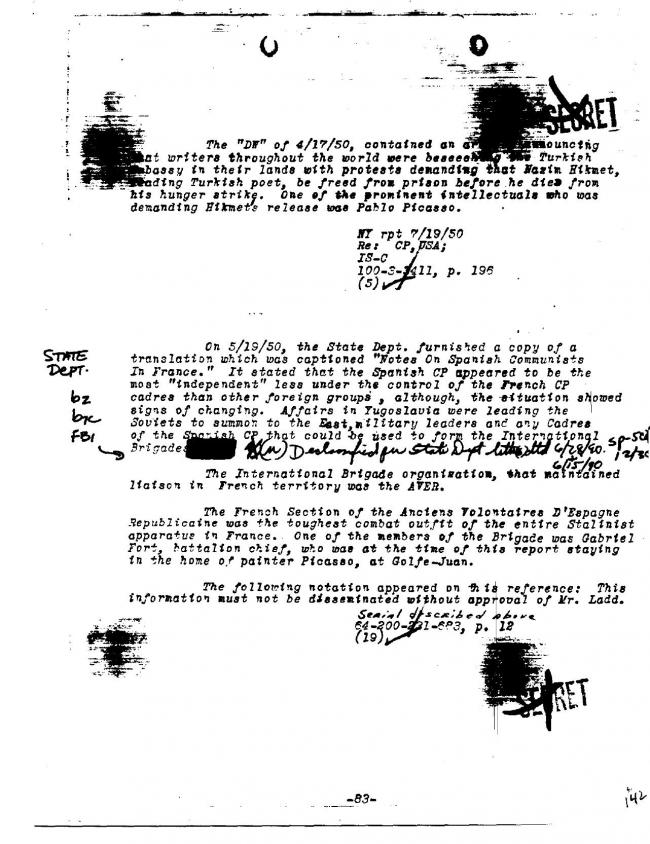 Ficha sobre Pablo Picasso del FBI, ca. 1945-1969 