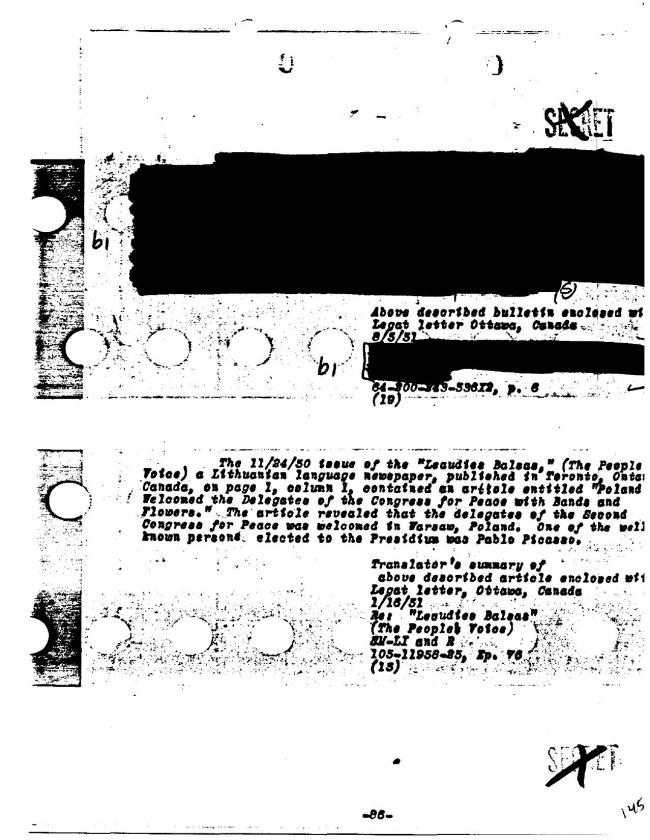 Ficha sobre Pablo Picasso del FBI, ca. 1945-1969 