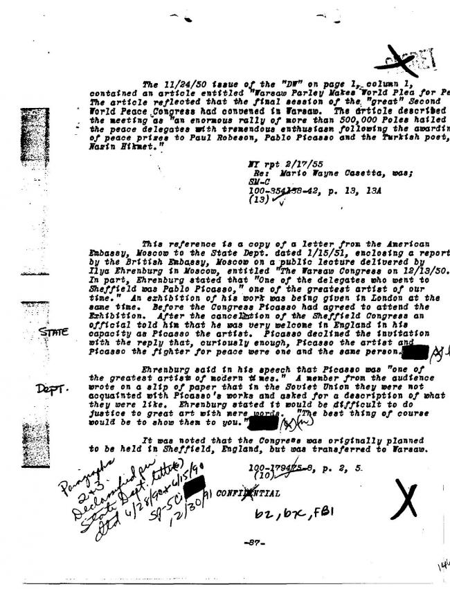 Ficha sobre Pablo Picasso del FBI, ca. 1945-1969 