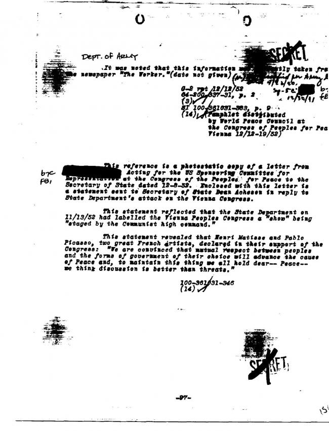 Ficha sobre Pablo Picasso del FBI, ca. 1945-1969 