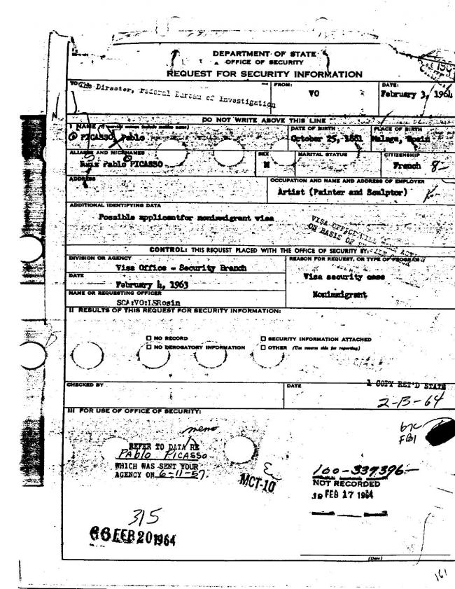 Ficha sobre Pablo Picasso del FBI, ca. 1945-1969 