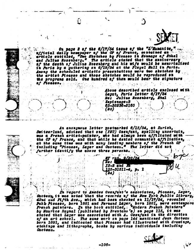 Ficha sobre Pablo Picasso del FBI, ca. 1945-1969 