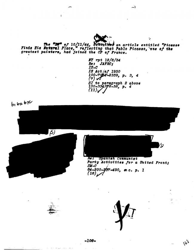Ficha sobre Pablo Picasso del FBI, ca. 1945-1969 