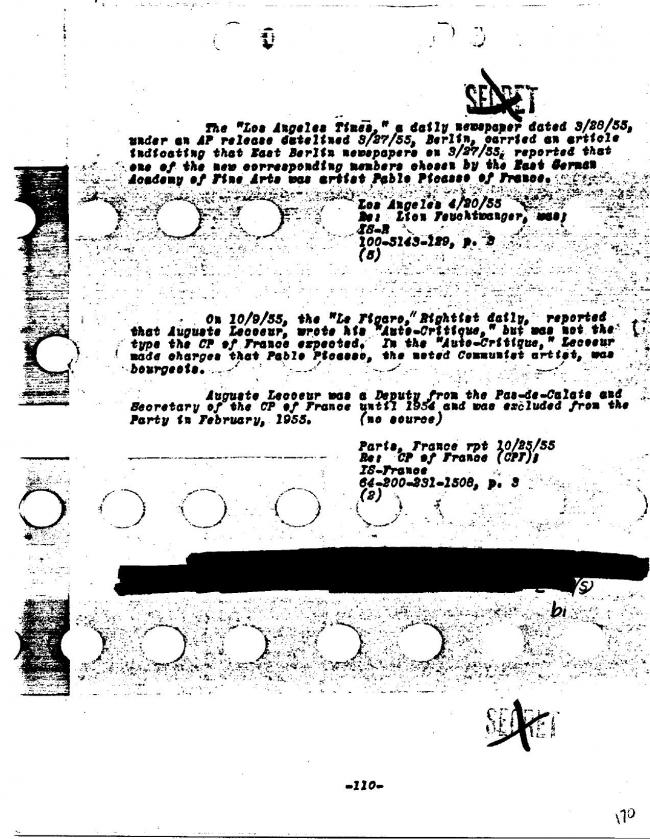 Ficha sobre Pablo Picasso del FBI, ca. 1945-1969 