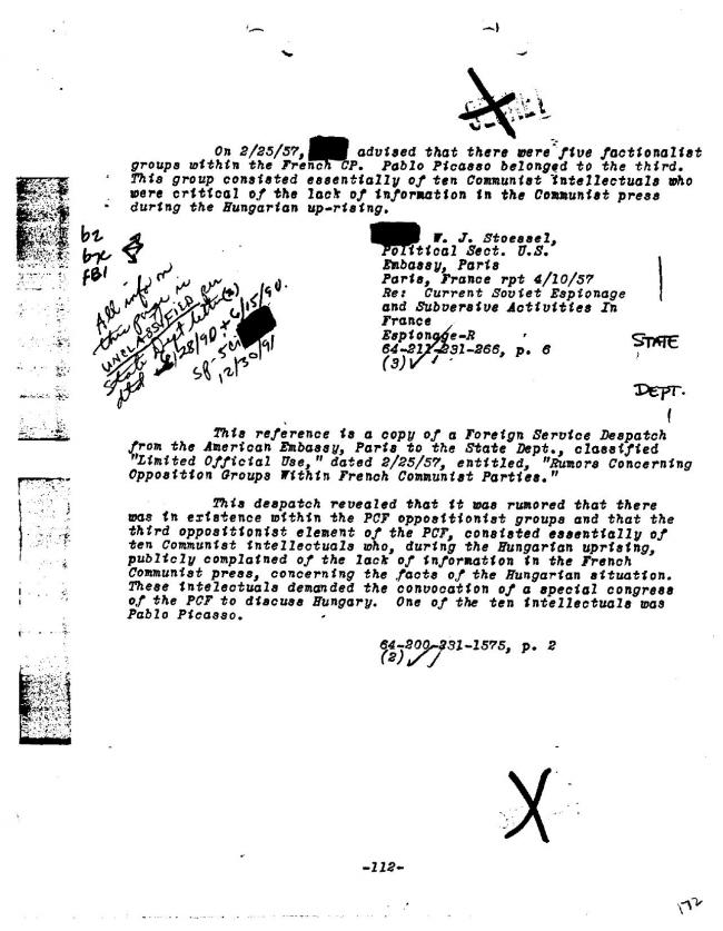 Ficha sobre Pablo Picasso del FBI, ca. 1945-1969 