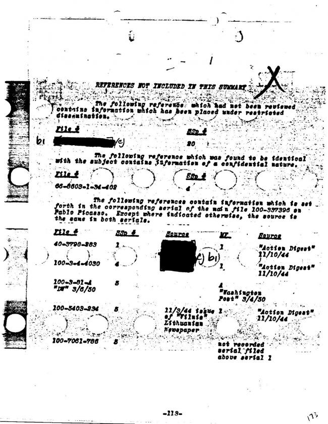 Ficha sobre Pablo Picasso del FBI, ca. 1945-1969 