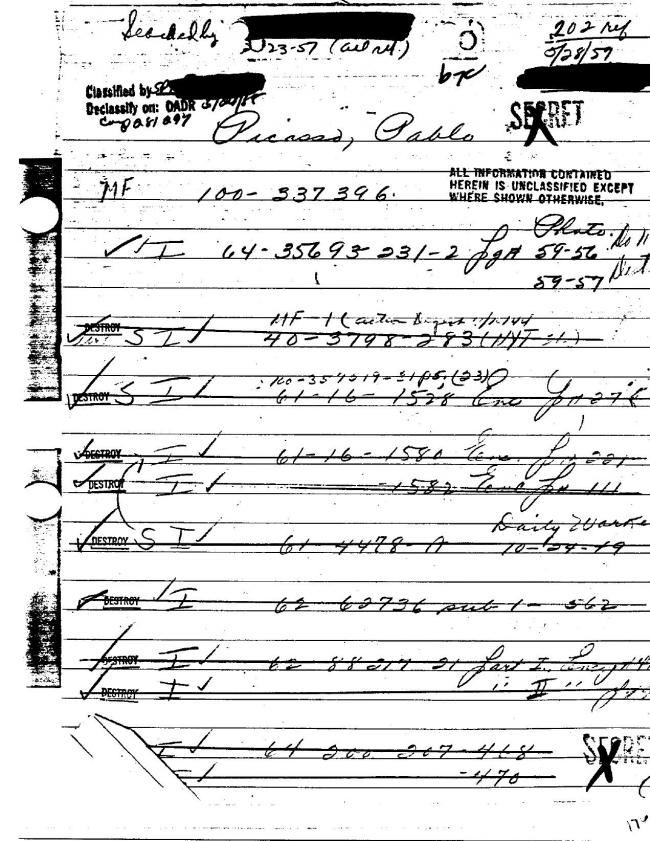Ficha sobre Pablo Picasso del FBI, ca. 1945-1969 