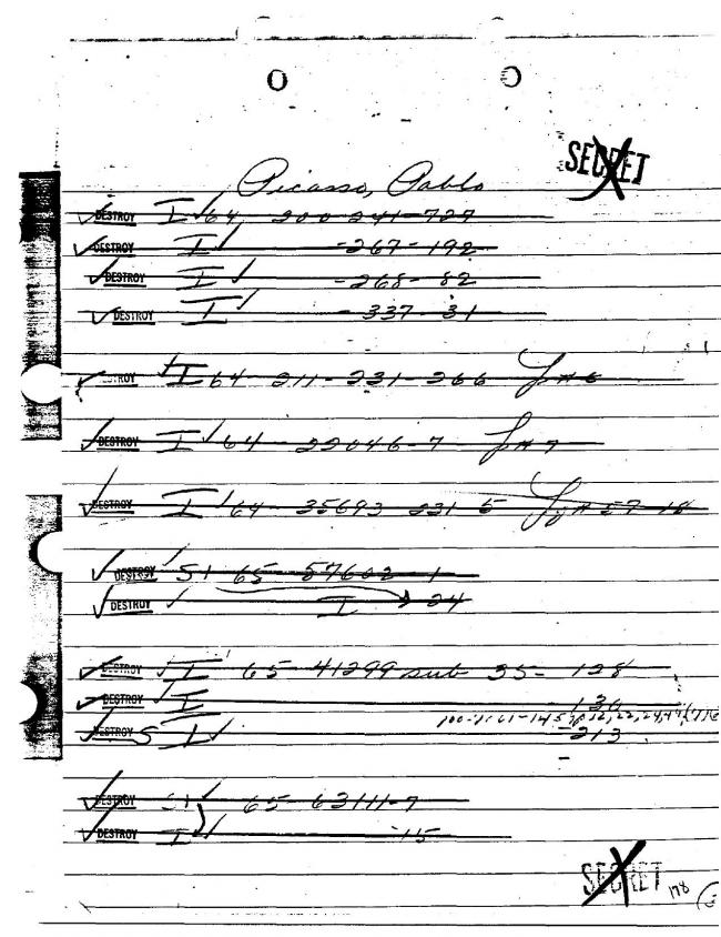 Ficha sobre Pablo Picasso del FBI, ca. 1945-1969 