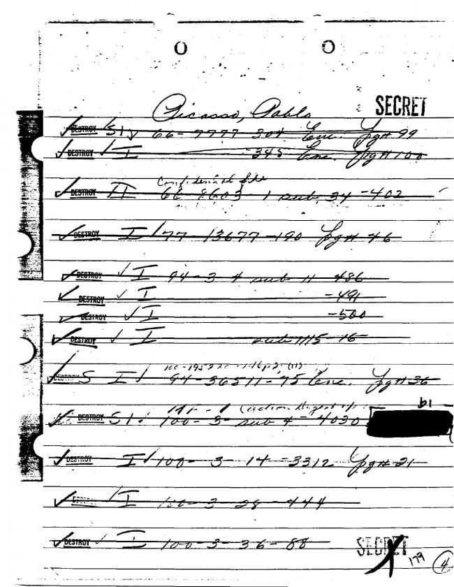 Ficha sobre Pablo Picasso del FBI, ca. 1945-1969 
