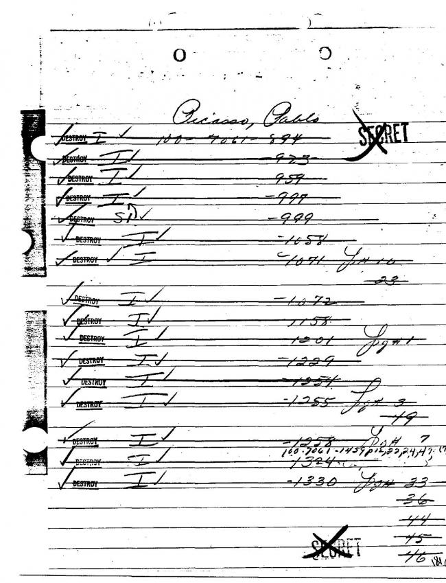 Ficha sobre Pablo Picasso del FBI, ca. 1945-1969 