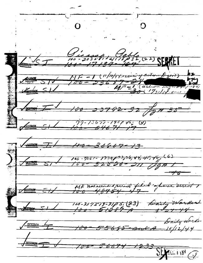 Ficha sobre Pablo Picasso del FBI, ca. 1945-1969 