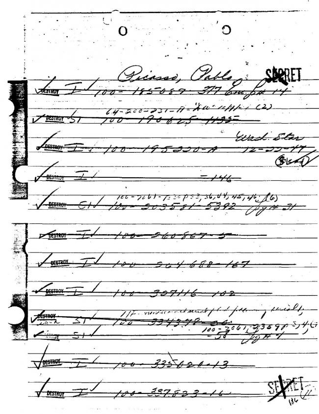 Ficha sobre Pablo Picasso del FBI, ca. 1945-1969 