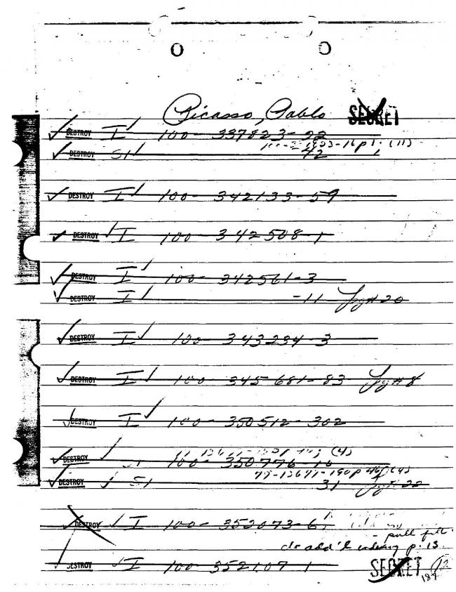 Ficha sobre Pablo Picasso del FBI, ca. 1945-1969 