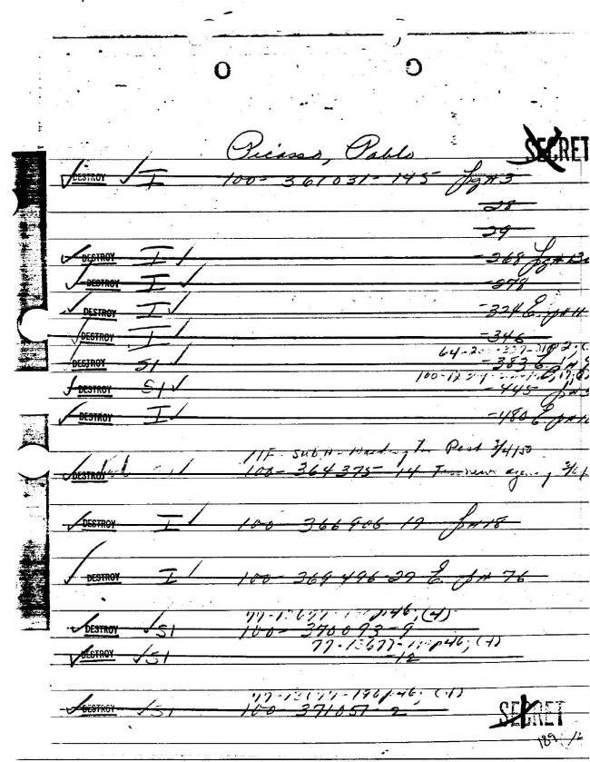 Ficha sobre Pablo Picasso del FBI, ca. 1945-1969 