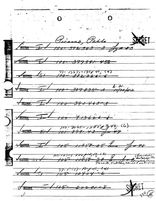 Ficha sobre Pablo Picasso del FBI, ca. 1945-1969 